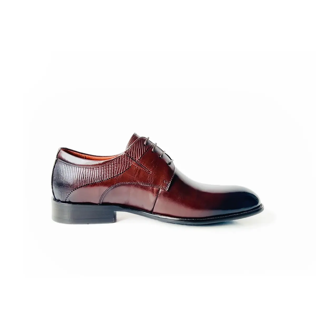 Fashion men dress shoe in burgundy cow leather and embossed leather