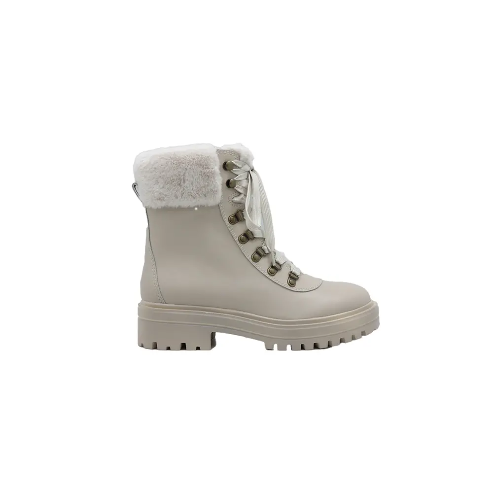 Wholesale height 15cm women fashionable round toe boots shoe in bone genuine leather &synthetic fur