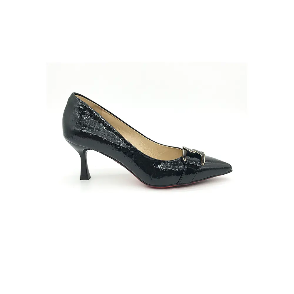 Wholesale height 6cm women fashionable pointed toe pump shoe in black genuine leather