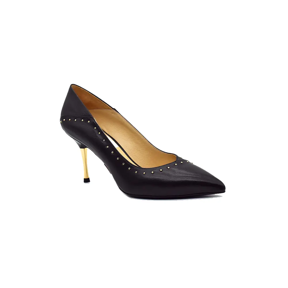 Wholesale height 6cm women fashionable pointed toe pump shoe in black pu w/rivet