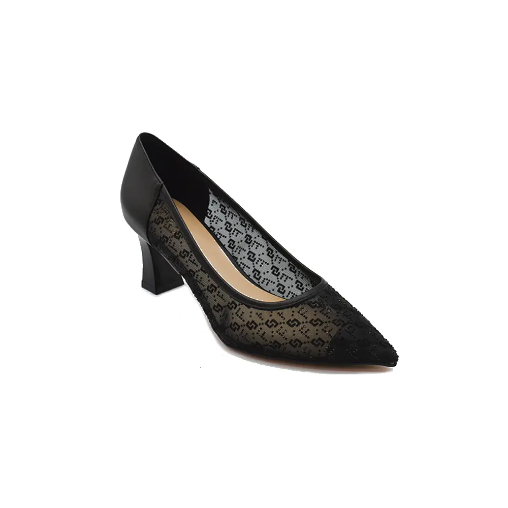 Wholesale height 6cm women fashionable pointed toe pump shoe in black pu & mesh w/rivet