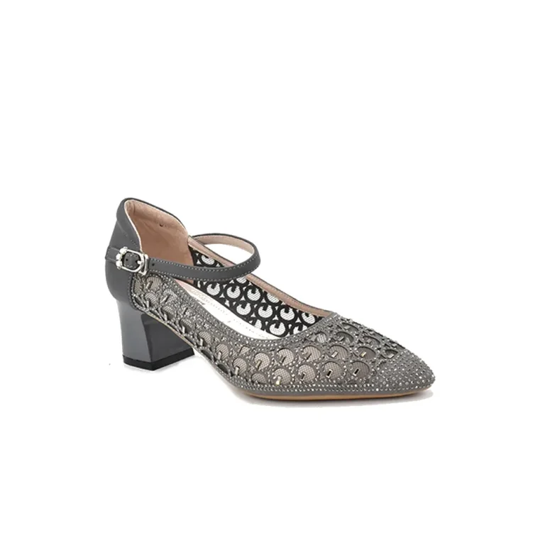 Wholesale height 6cm women fashionable pointed toe pump shoe in grey pu & mesh w/rivet
