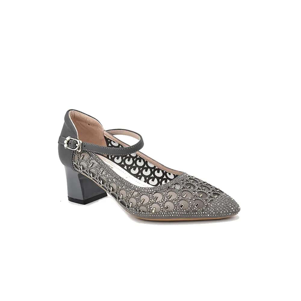 Wholesale height 6cm women fashionable pointed toe pump shoe in grey pu & mesh w/rivet