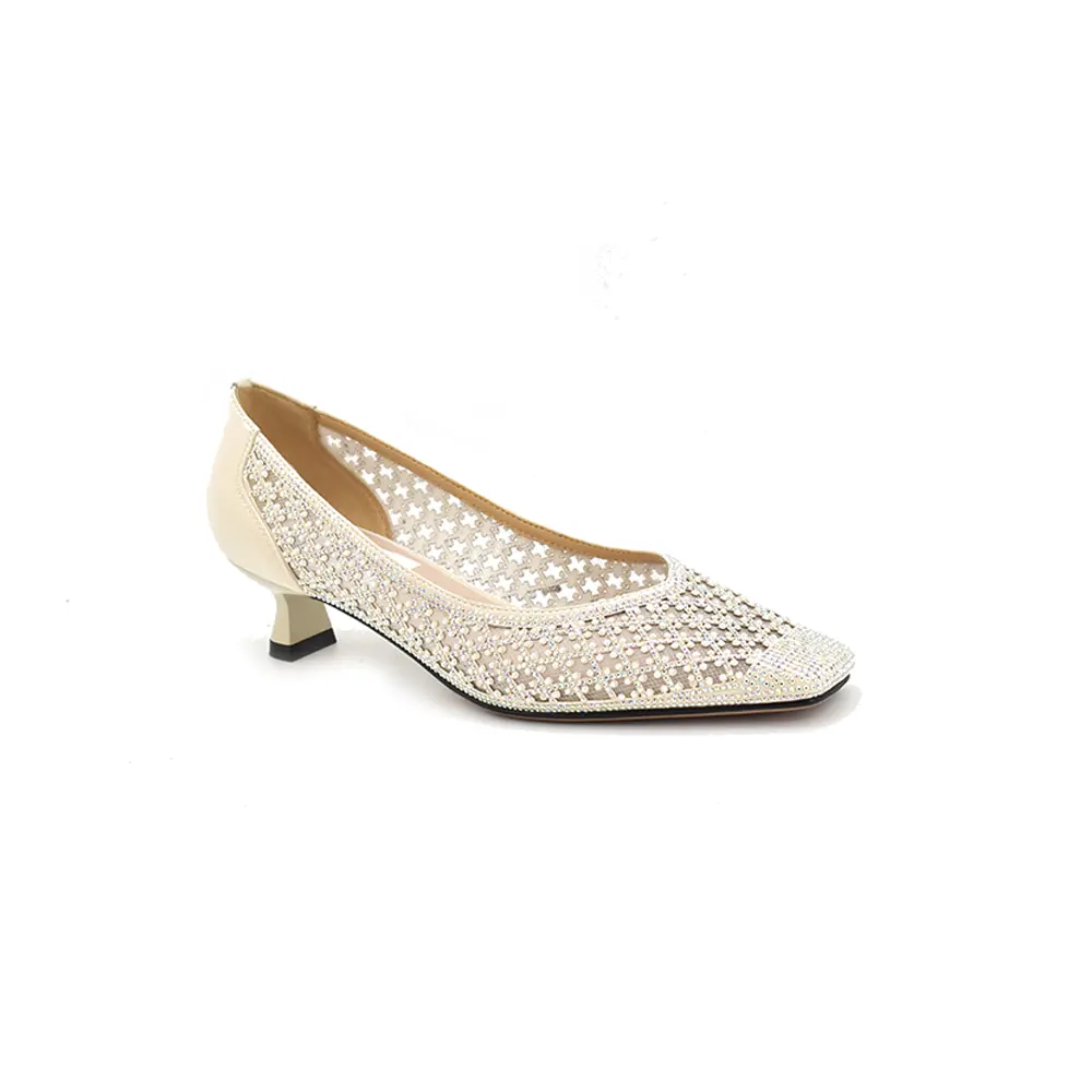 Wholesale height 6cm women fashionable flat toe pump shoe in nude pu & mesh w/rhinestone