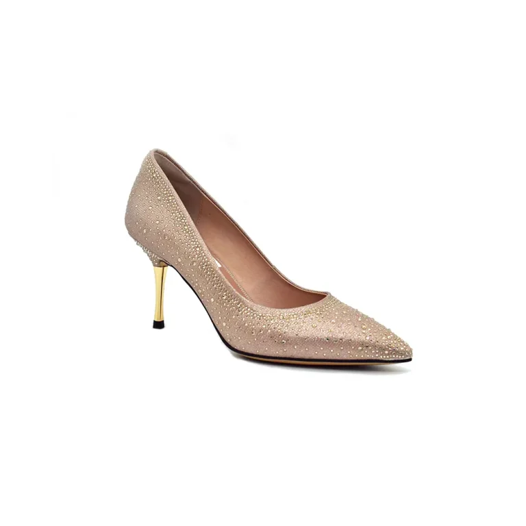 Wholesale height 6cm women fashionable pointed toe pump shoe in bone satin w/rhinestone